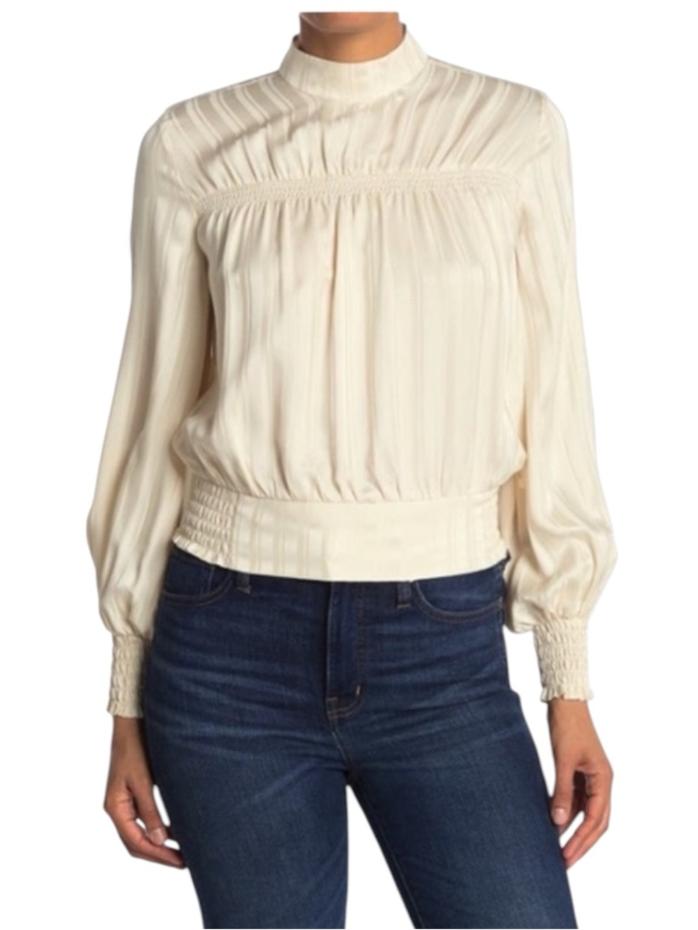 Frame Denim Silk Cream Long-Sleeve Smocked Waist Blouse NWOT Size S